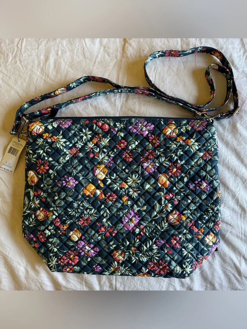 Vera Bradley Quilted Floral Tote in Dark Green with Pink & Yellow Accents